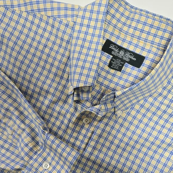 Brooks Brothers Country Club Shirt Men's Large Blue Yellow Plaid Egyptian Cotton - Picture 1 of 4